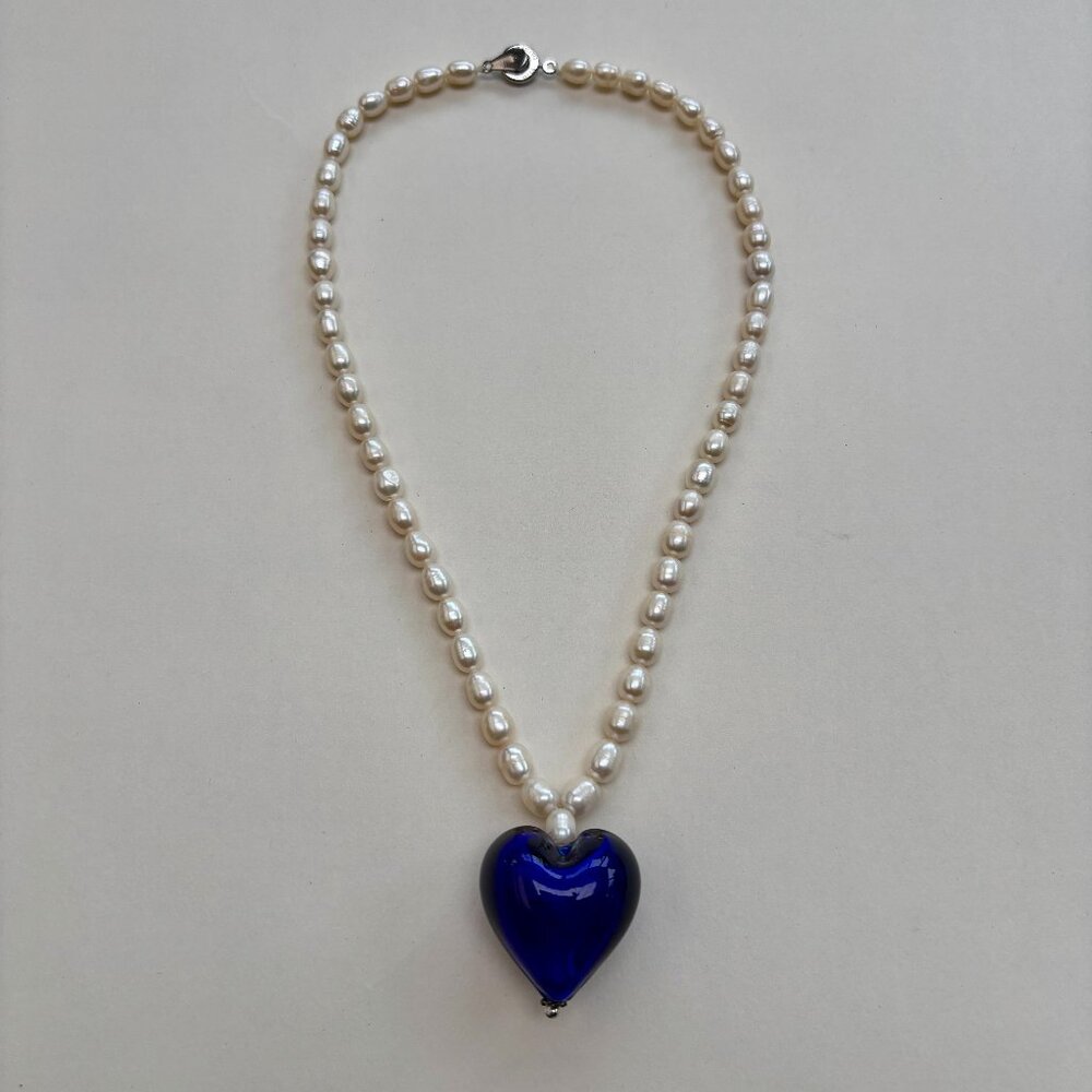 Gorgeous Freshwater Pearl + Cobalt Blue Morano Glass Heart Pendant Necklace